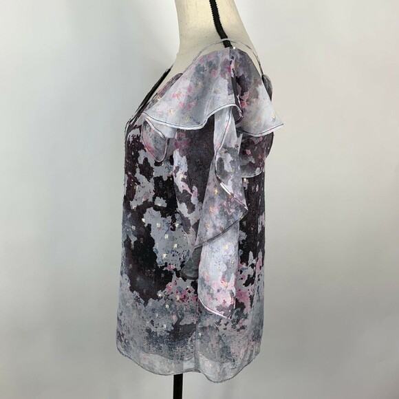 Bar III Blouse Women Medium Cold Shoulder Feminine Ruffles Muted Gray Pink - Picture 3 of 10